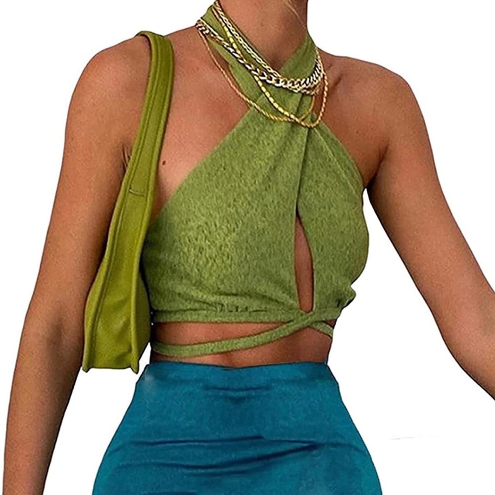 Green Crisscross Halter Crop Top
